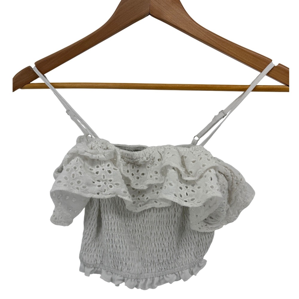 Fashion Nova Womens White‎ Eyelet Ruffle Smocked Crop Top YT5803FP Size Medium